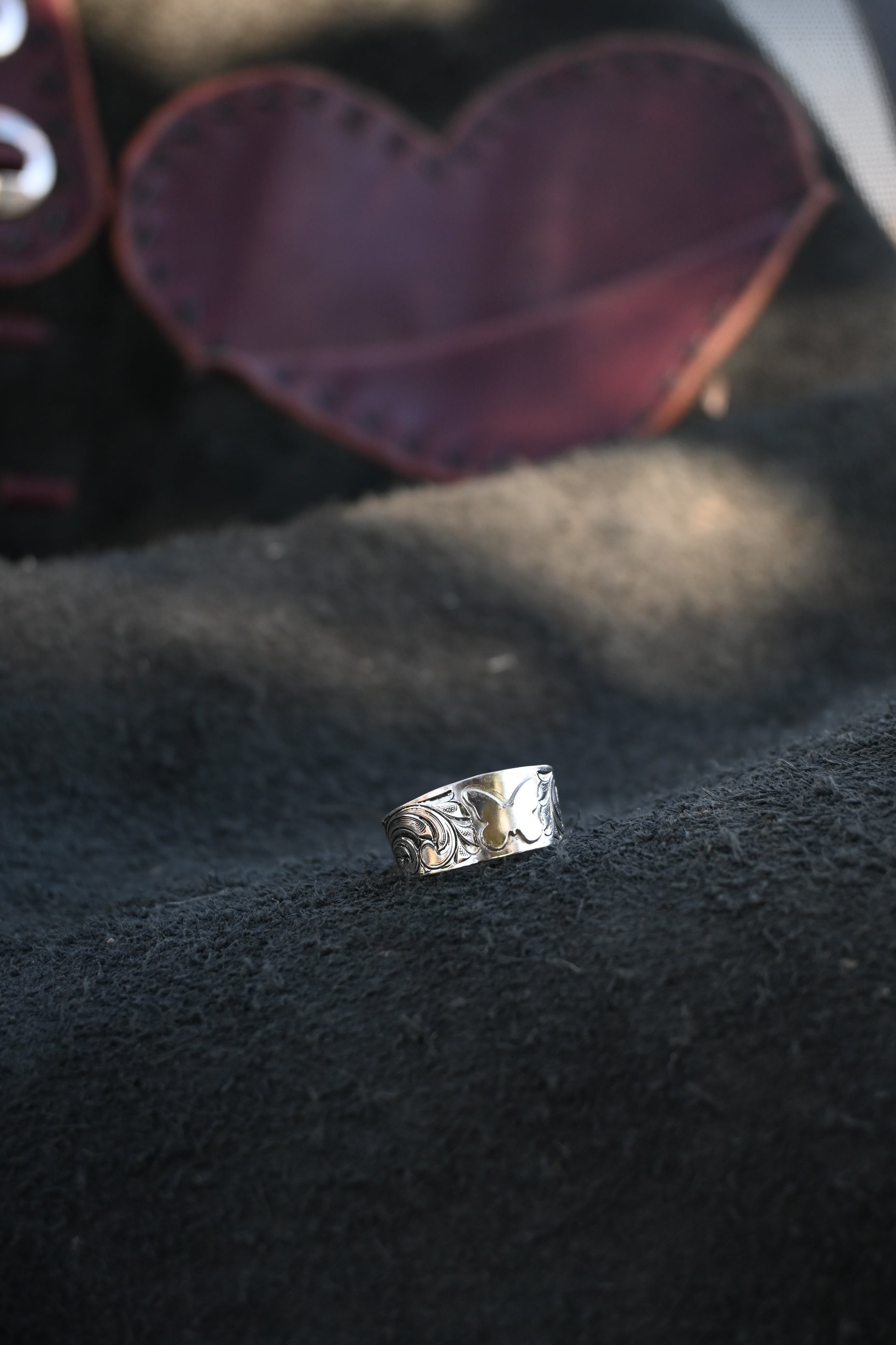 Adjustable Hand Engraved Ring With Silver Butterfly  image 0