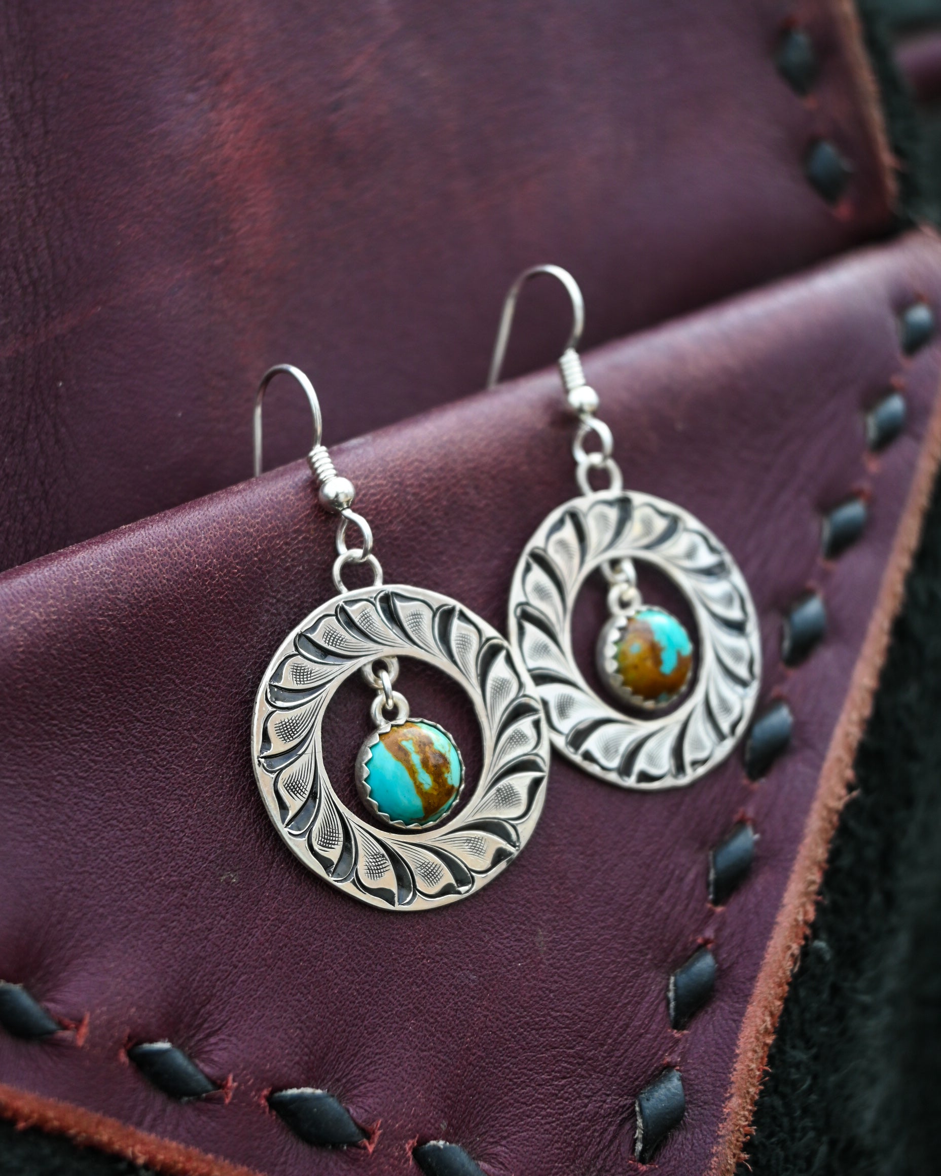 Engraved dangle hoops with kingman turquoise  image 1