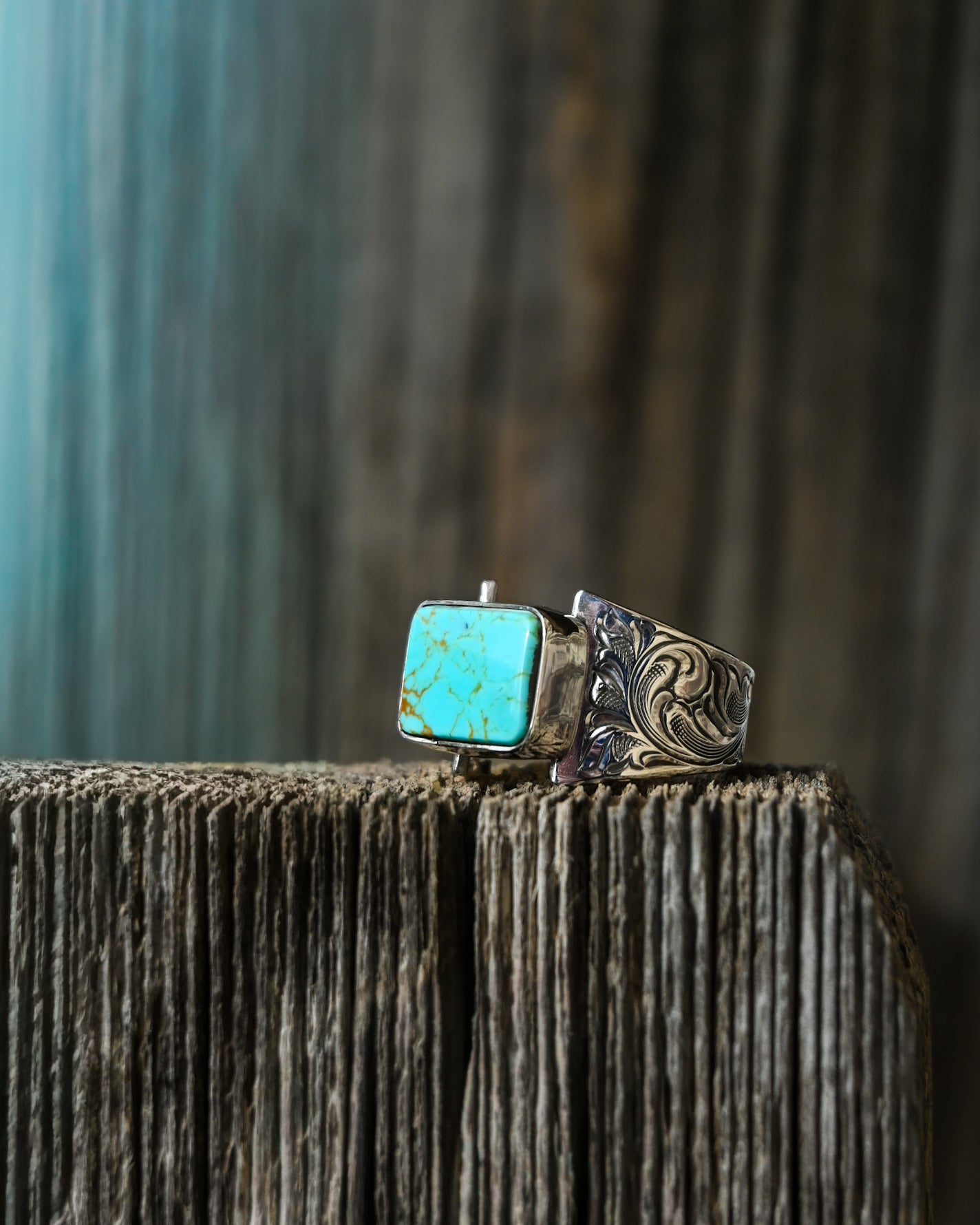 King’s Manassa Turquoise Engraved Ring – Size 7