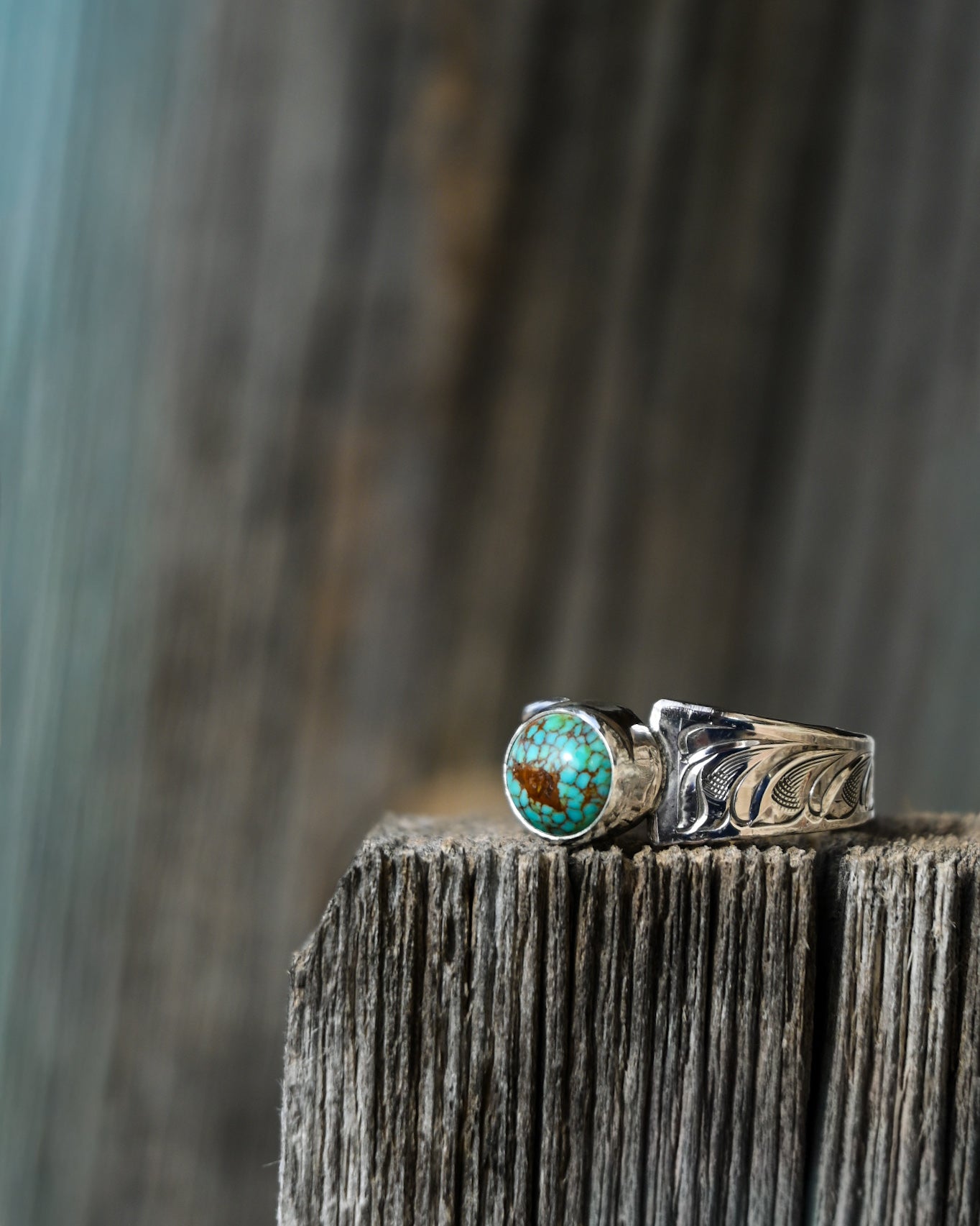 Kingman Turquoise Engraved Ring – Size 9.5