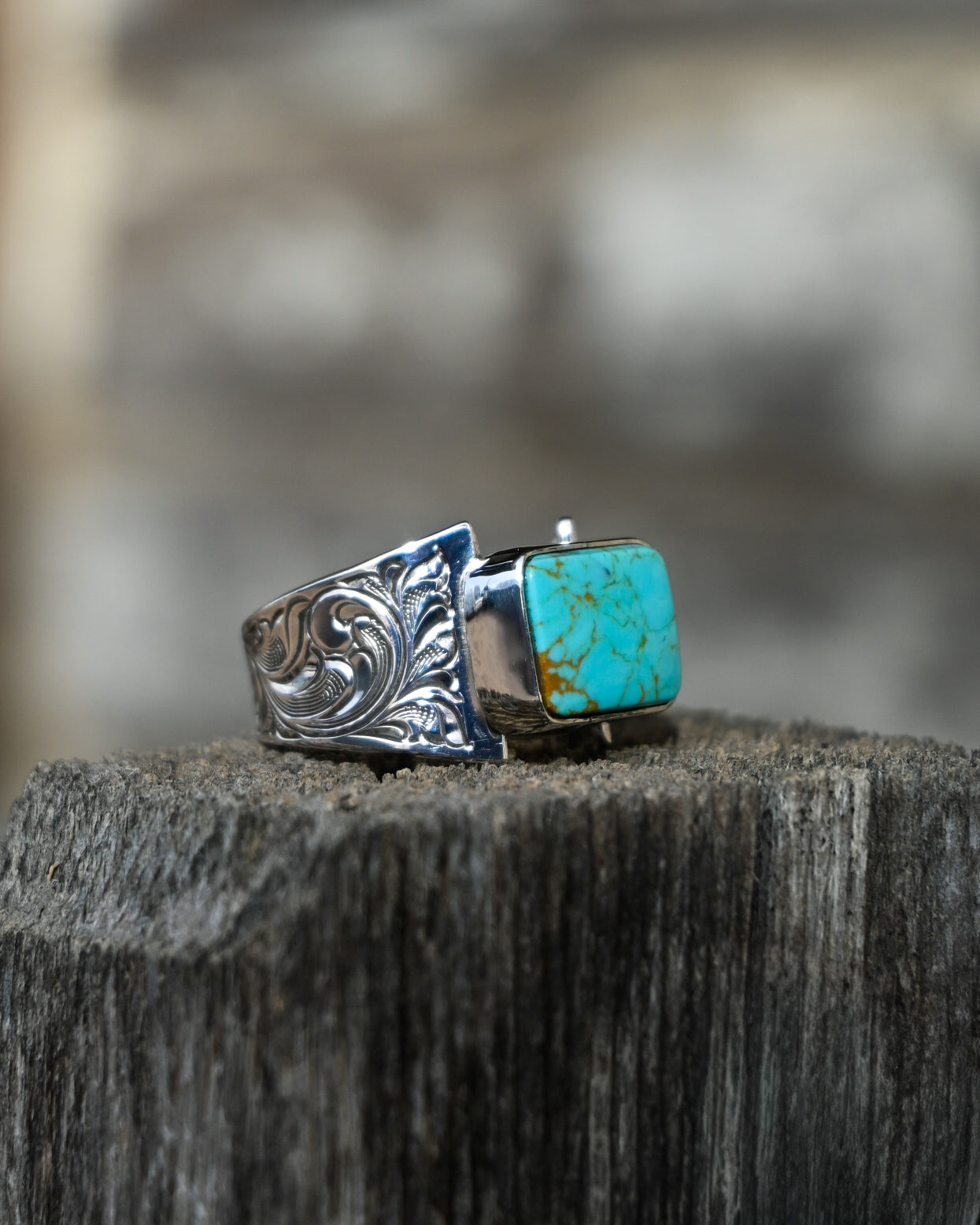 King’s Manassa Turquoise Engraved Ring – Size 7