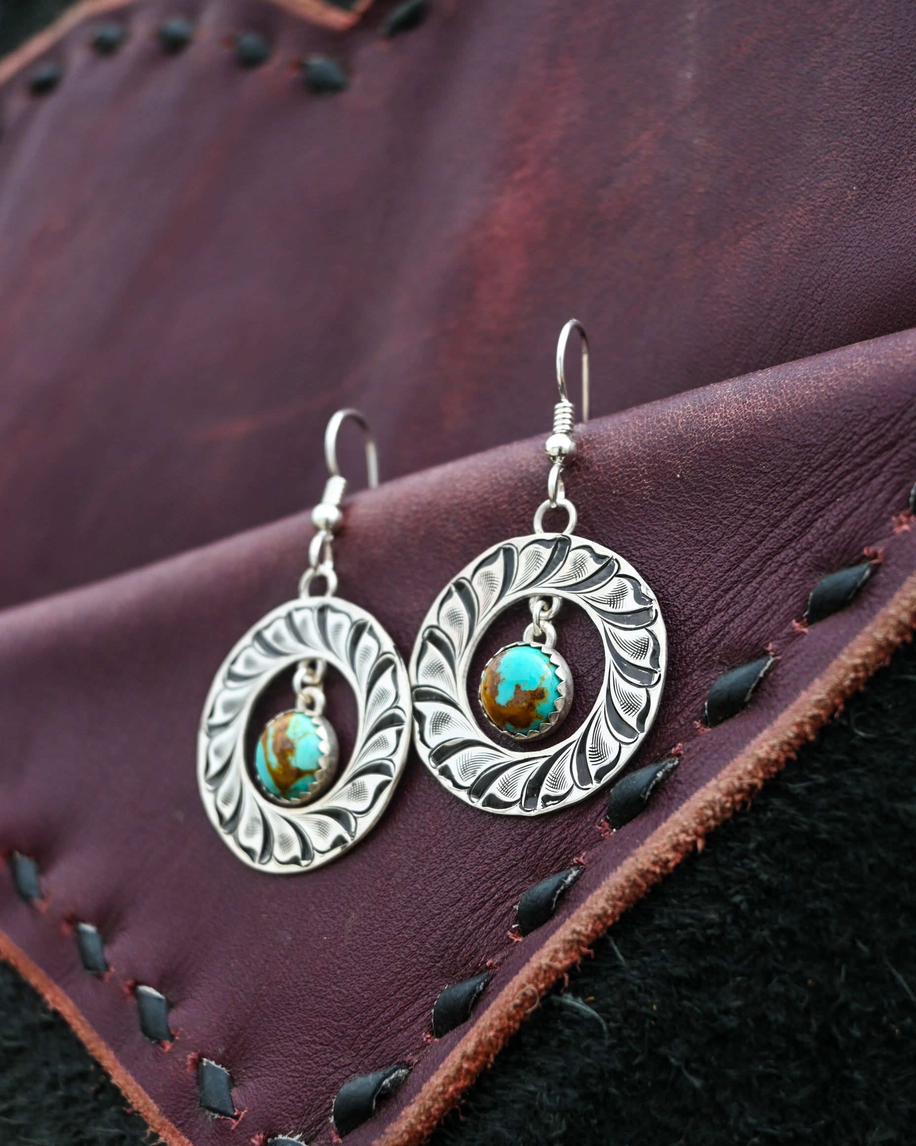Engraved dangle hoops with kingman turquoise  image 0