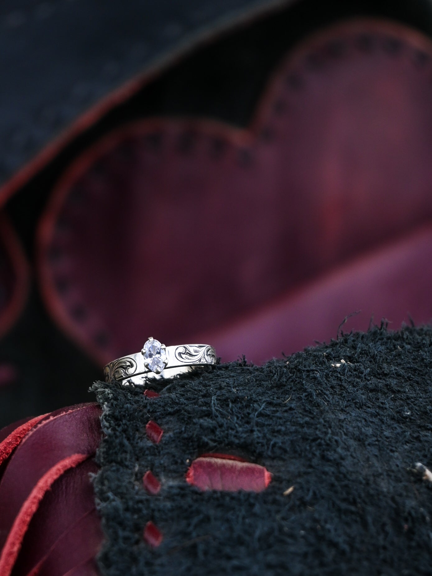 Hand Engraved Engagement Ring with CZ stone image 1