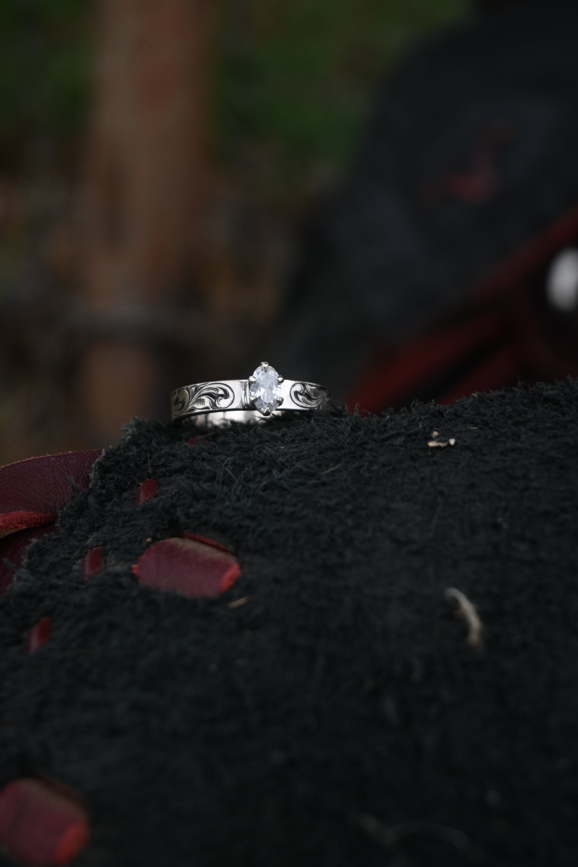 Hand Engraved Engagement Ring with CZ stone image 2