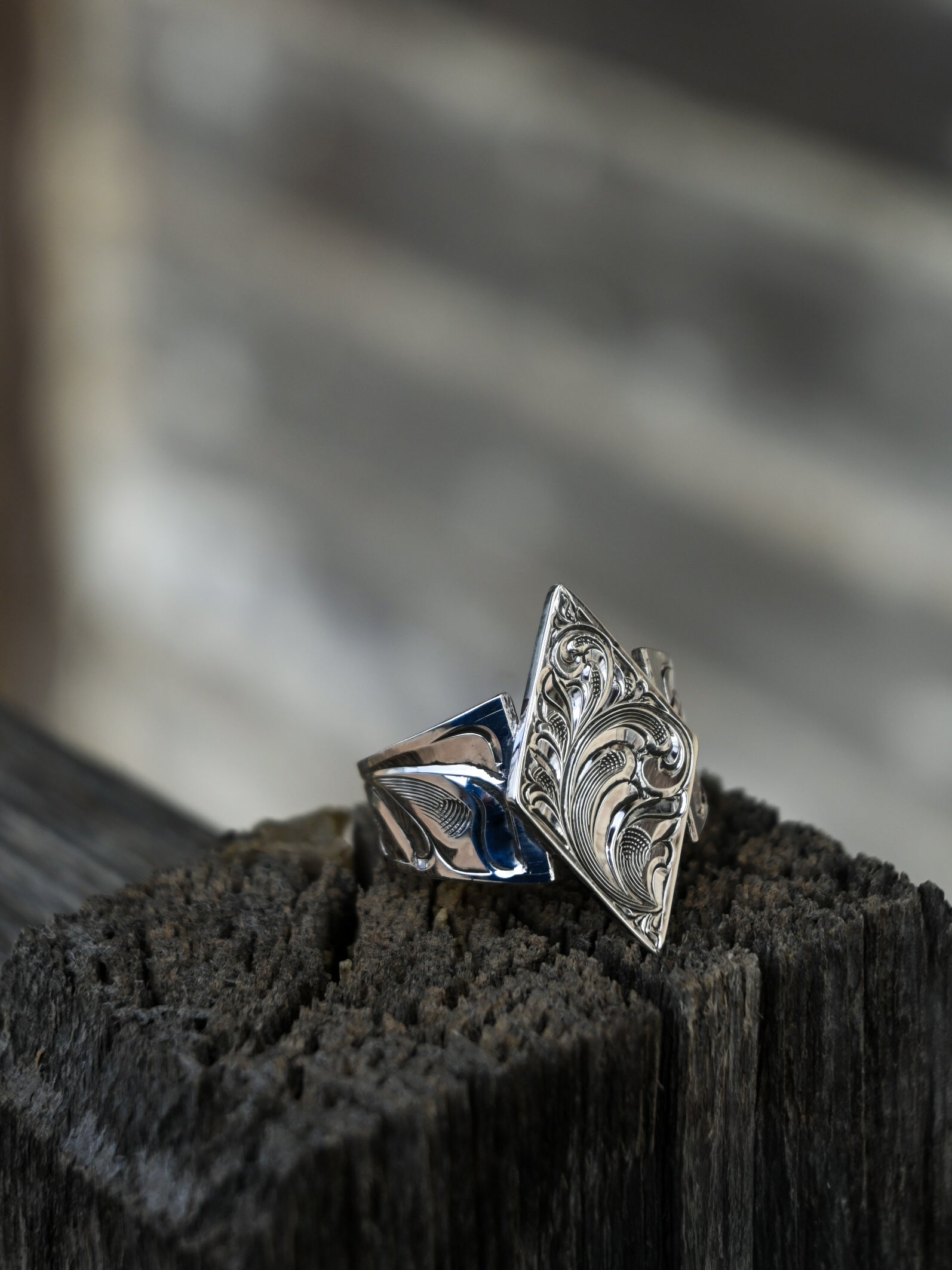 Fully Hand Engraved Sterling Silver Diamond Ring – Size 8.5