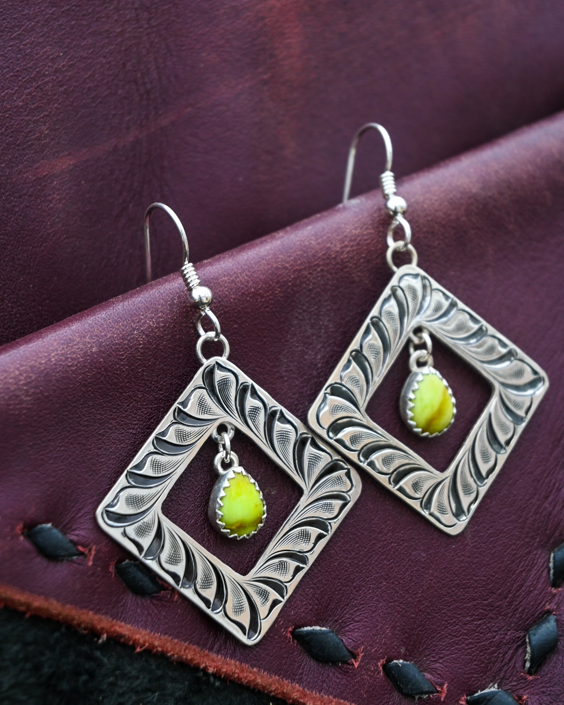 Engraved square earrings with palomino turquoise  image 1