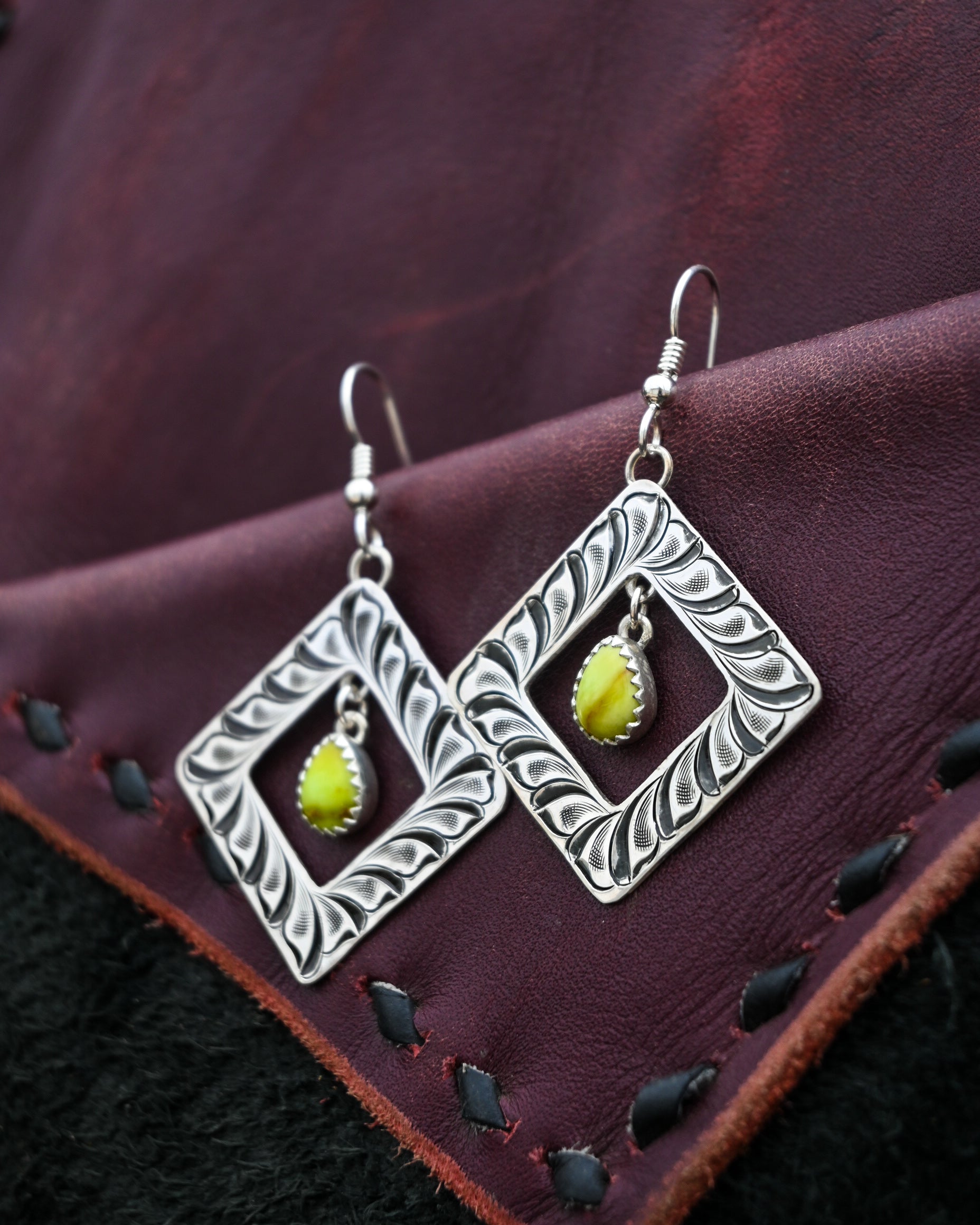Engraved square earrings with palomino turquoise  image 0