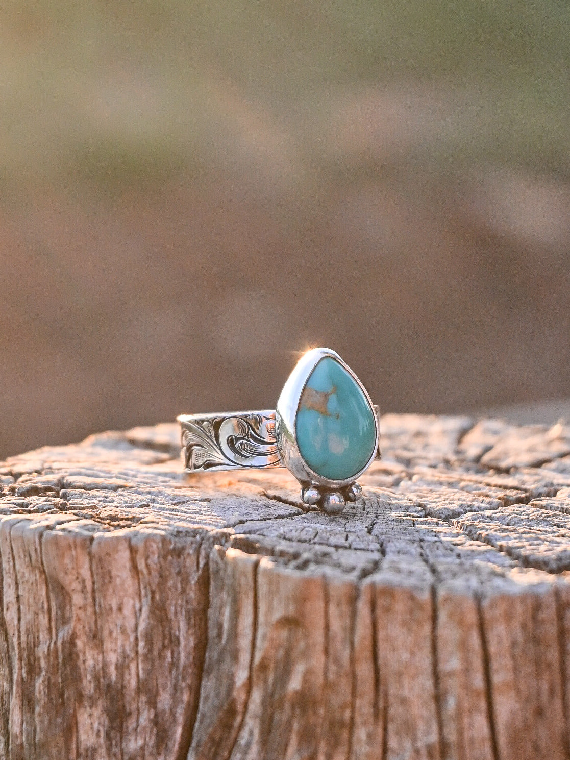 Kingman Turquoise Ring w/ hand engraved band(size 8) image 1