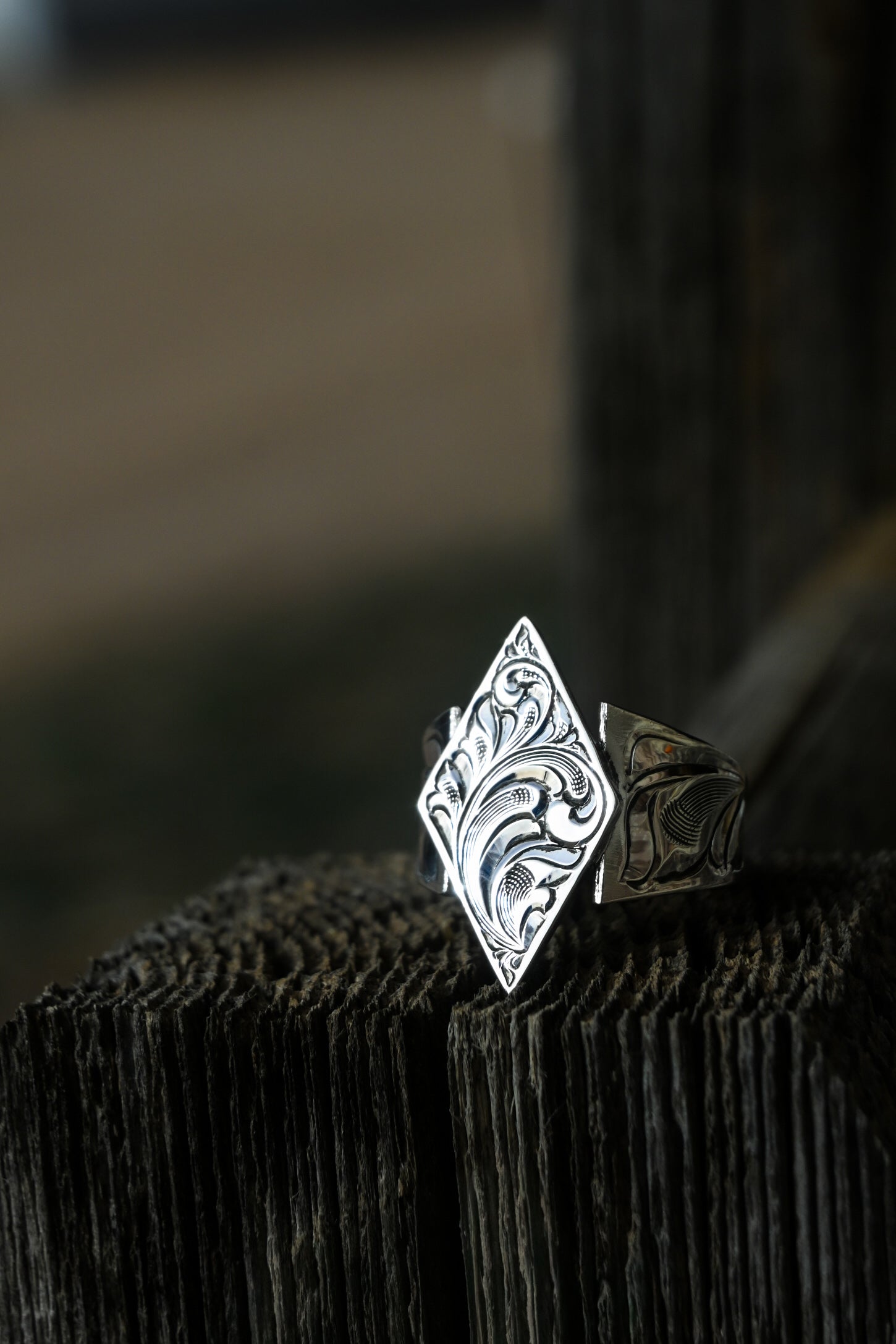 Fully Hand Engraved Sterling Silver Diamond Ring – Size 8.5