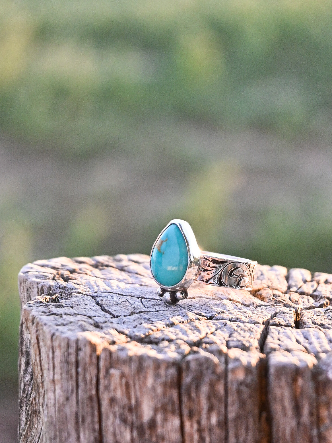 Kingman Turquoise Ring w/ hand engraved band(size 8) image 0