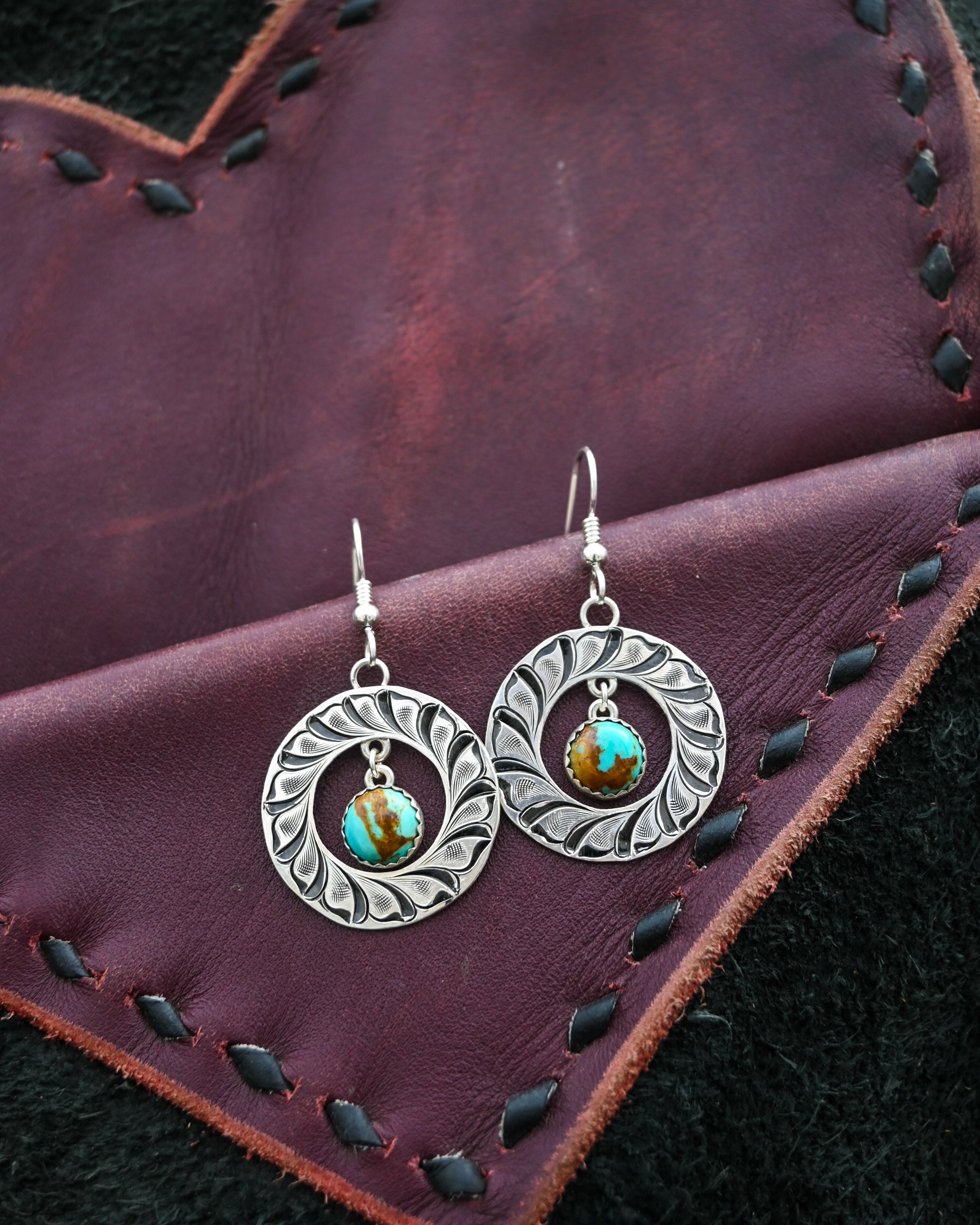 Engraved dangle hoops with kingman turquoise  image 2
